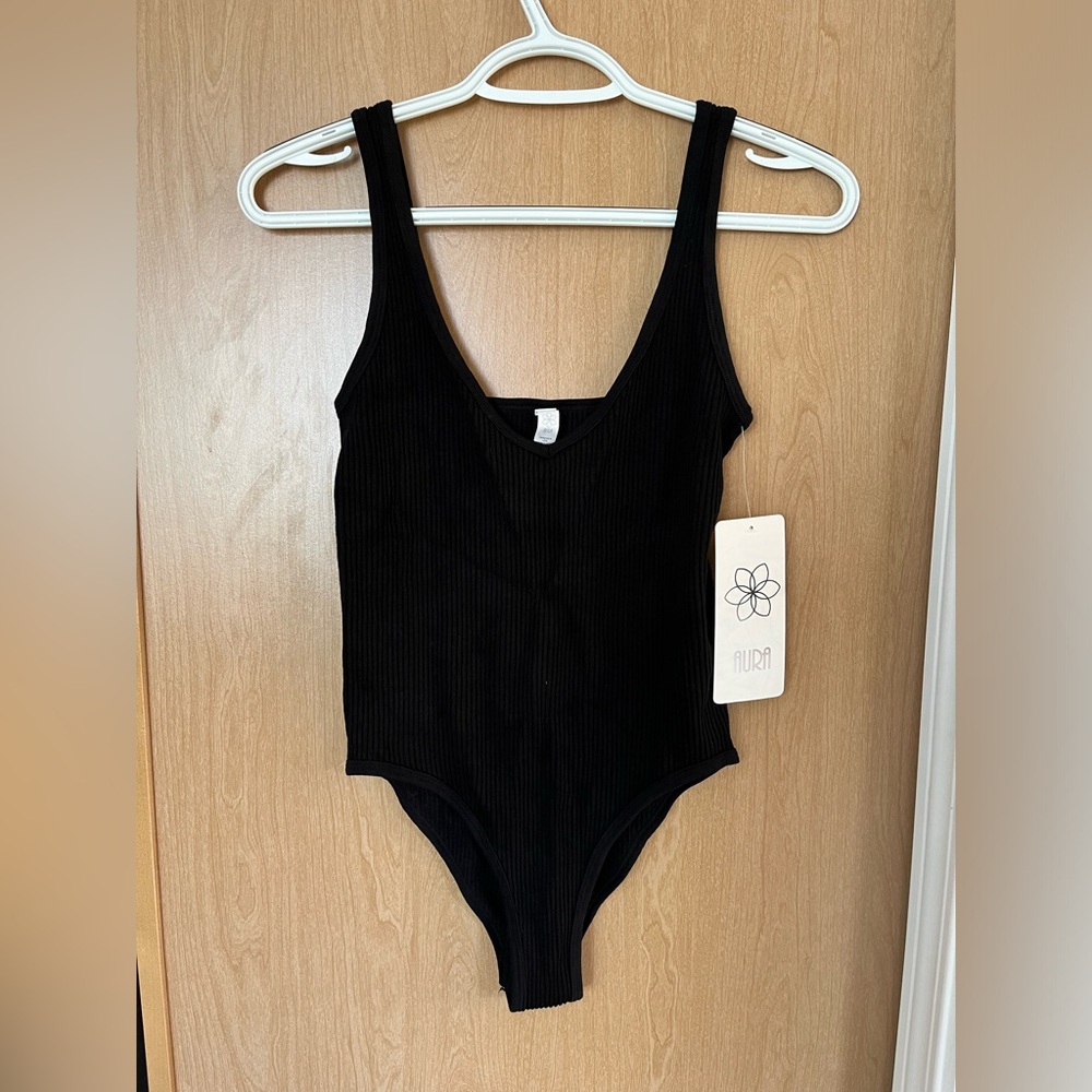 New With Tags!-Aura Women's Black Ribbed One-Piece Tank Top Bodysuit M/L
